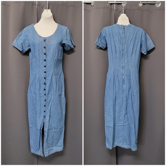 Styleworks Dresses & Skirts - Vintage 90s y2k Denim Blue‎ Embroidered Button Front Boho Maxi Shirt Dress 6